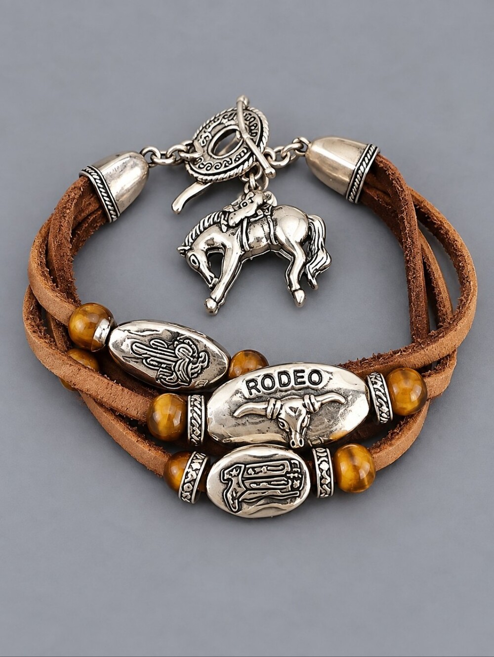 VTG Leather Western Cowgirl Rodeo Charm Toggle Bracelet
